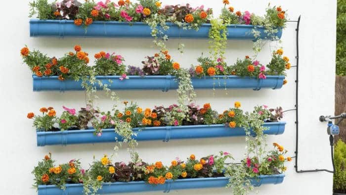 jardín vertical hecho con canles pluviales reciclados